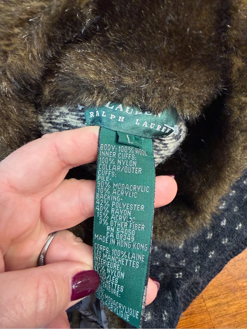 Vintage Lauren Ralph Lauren Wool Fair Isle Zip Sweater Jacket Faux Fur Collar L - Picture 10 of 11